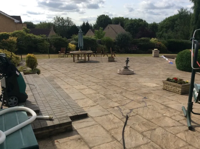 Patio with pond before